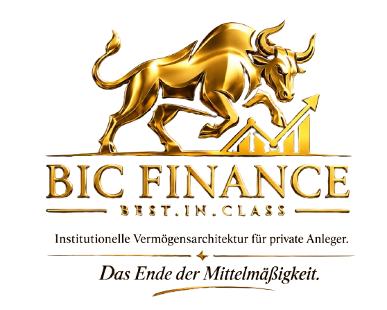BIC Finance — goldenes Bullen-Wappen über einem aufsteigenden Diagramm